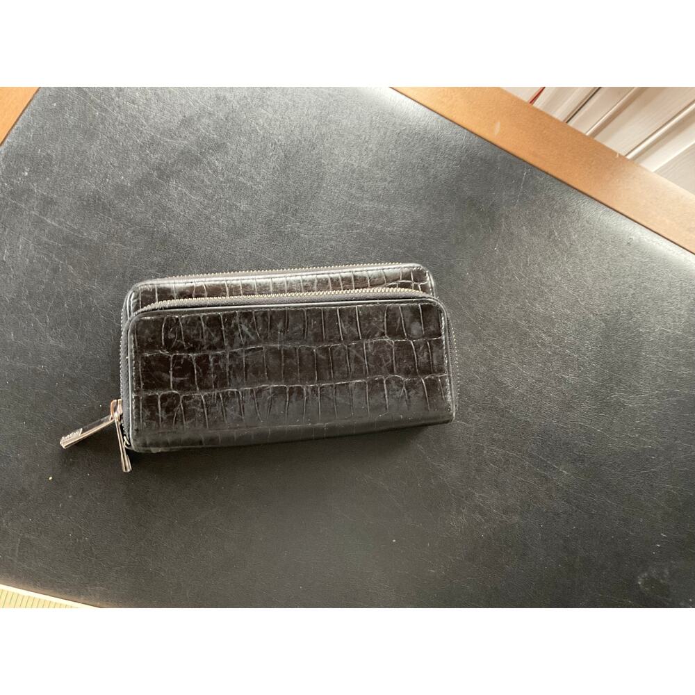 Vintage Kooba Black Croc Embossed Leather Double Zip Wallet Organizer Clutch